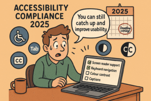 Man at computer fretting about accessibility and compliance.