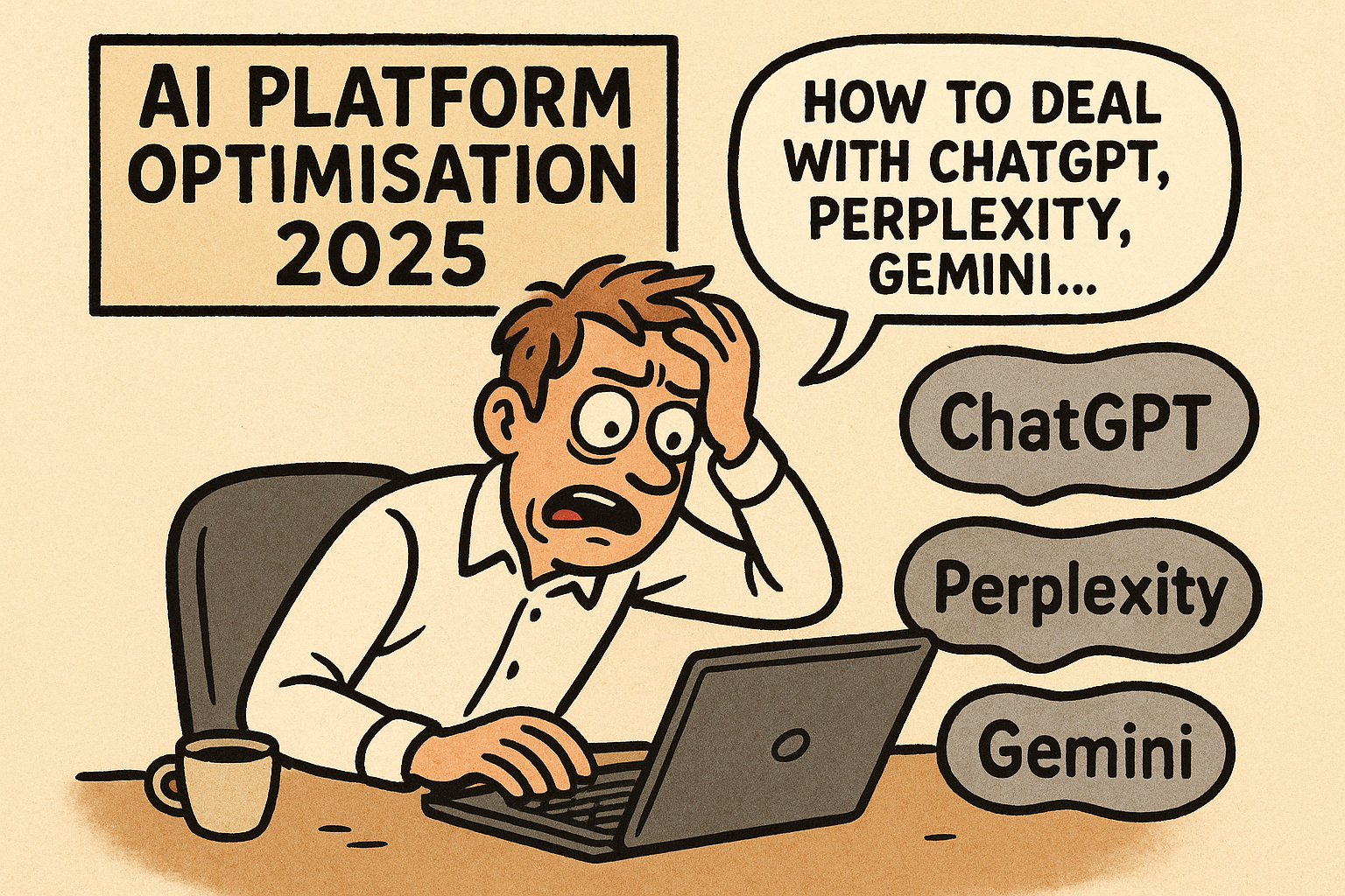 Person at computer worrying about how to optimise for ChatGPT, Perplexity, Gemini